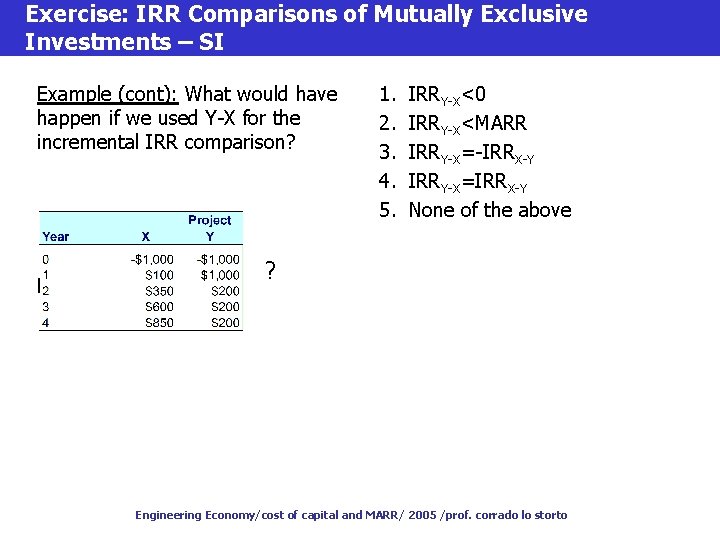 Exercise: IRR Comparisons of Mutually Exclusive Investments – SI Example (cont): What would have