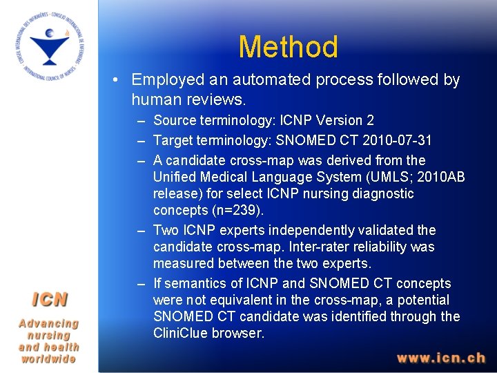 Method • Employed an automated process followed by human reviews. – Source terminology: ICNP