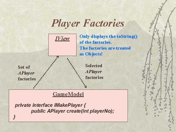 Player Factories IView Only displays the to. String() of the factories. The factories are Player Factories IView Only displays the to. String() of the factories. The factories are