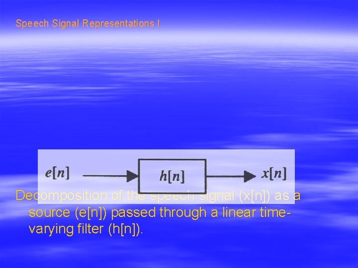 Speech Signal Representations I Decomposition of the speech signal (x[n]) as a source (e[n])