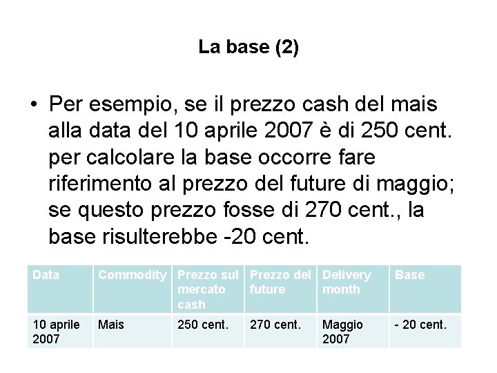 La base (2) • Per esempio, se il prezzo cash del mais alla data