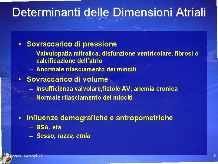 Determinanti delle Dimensioni Atriali • Sovraccarico di pressione – Valvulopatia mitralica, disfunzione ventricolare, fibrosi