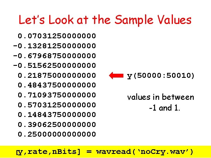 Let’s Look at the Sample Values 0. 07031250000000 -0. 13281250000000 -0. 67968750000000 -0. 5156250000