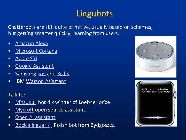 Lingubots Chatterbots are still quite primitive, usually based on schemes, but getting smarter quickly,