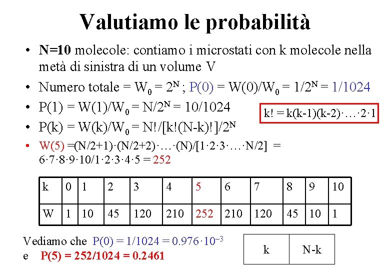 Valutiamo le probabilità • N=10 molecole: contiamo i microstati con k molecole nella metà