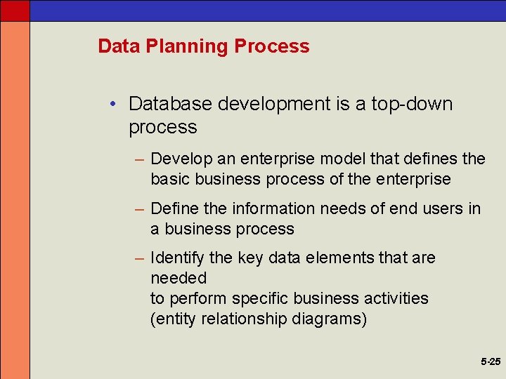 Data Planning Process • Database development is a top-down process – Develop an enterprise