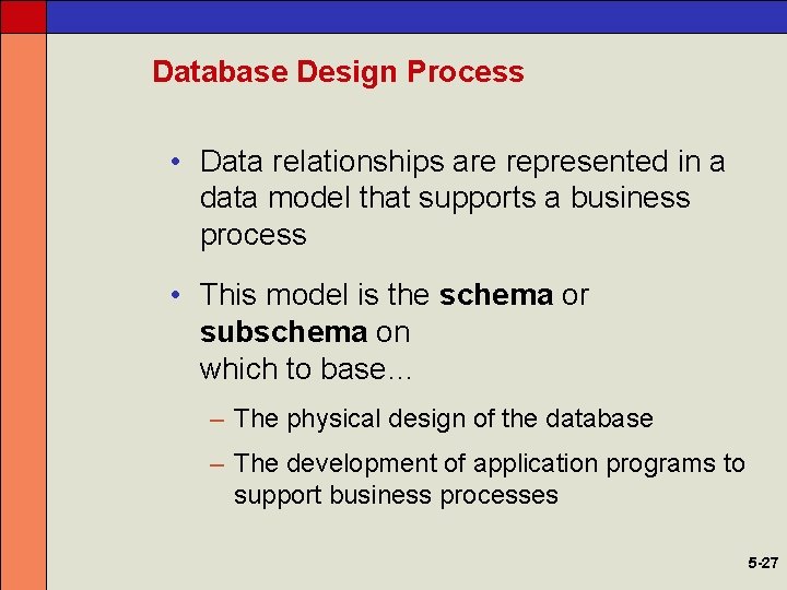 Database Design Process • Data relationships are represented in a data model that supports