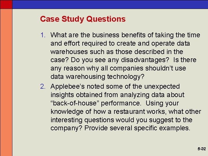 Case Study Questions 1. What are the business benefits of taking the time and