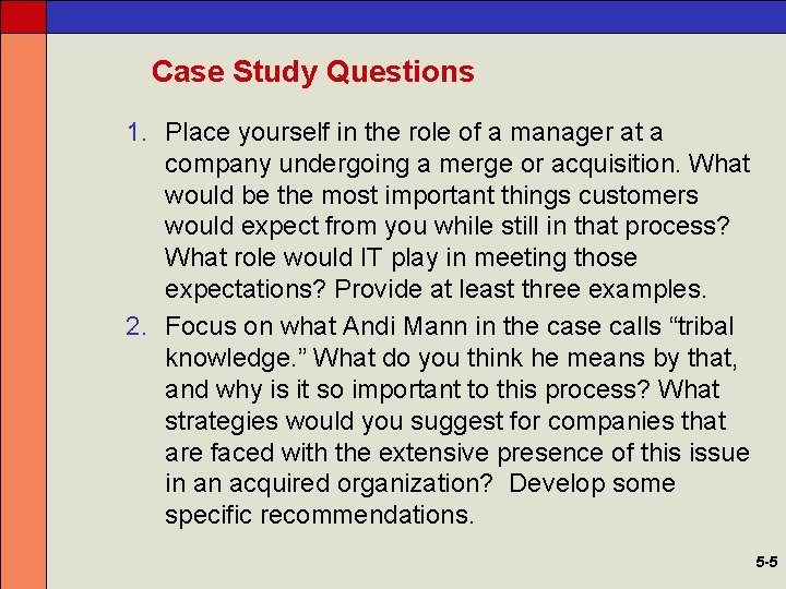 Case Study Questions 1. Place yourself in the role of a manager at a
