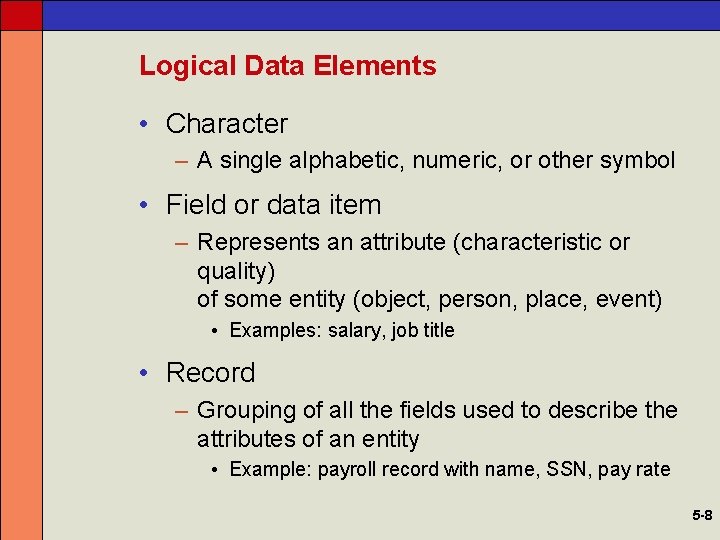 Logical Data Elements • Character – A single alphabetic, numeric, or other symbol •