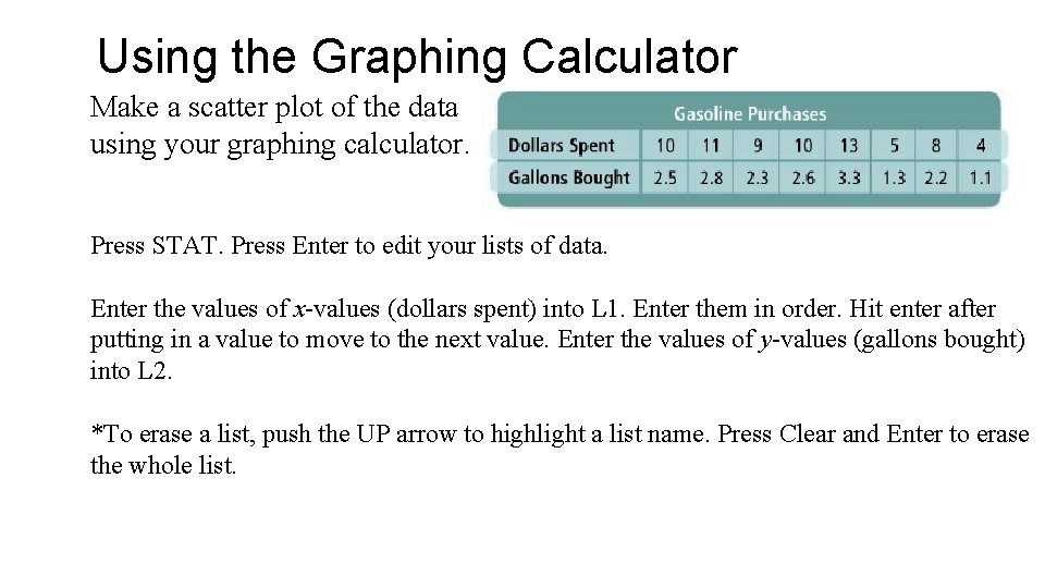 Using the Graphing Calculator Make a scatter plot of the data using your graphing
