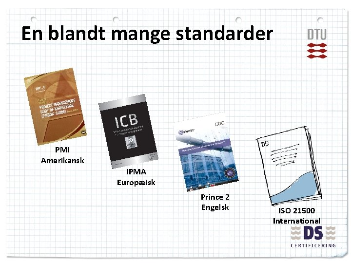 En blandt mange standarder PMI Amerikansk IPMA Europæisk Prince 2 Engelsk ISO 21500 International