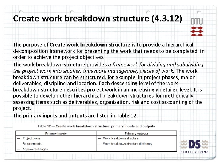 Create work breakdown structure (4. 3. 12) The purpose of Create work breakdown structure