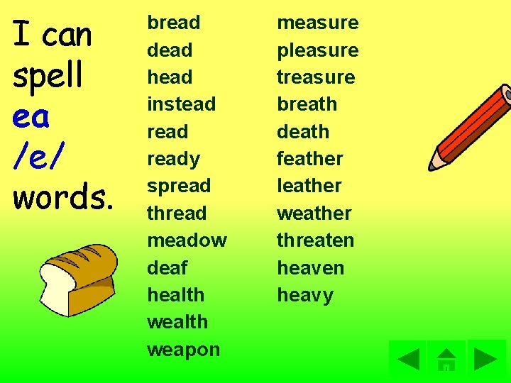 I can spell ea /e/ words. bread dead head instead ready spread thread meadow