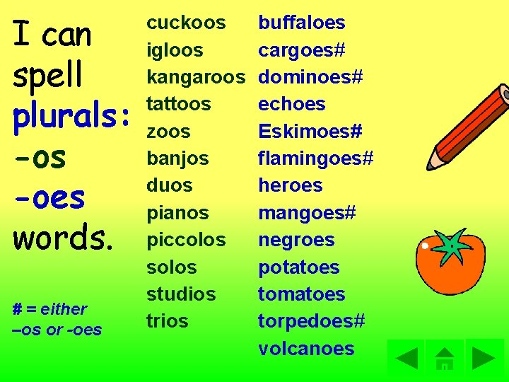 I can spell plurals: -os -oes words. # = either –os or -oes cuckoos