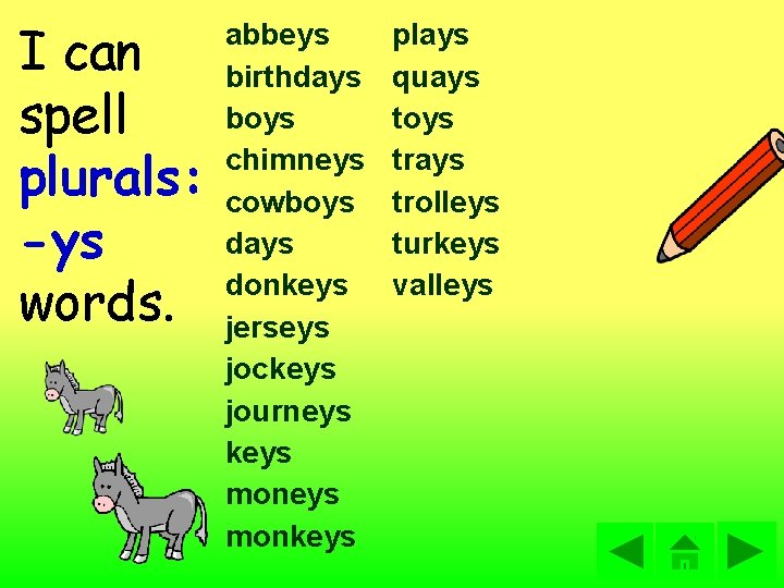 I can spell plurals: -ys words. abbeys birthdays boys chimneys cowboys days donkeys jerseys