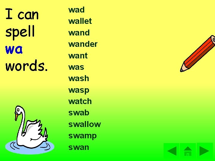 I can spell wa words. wad wallet wander want wash wasp watch swab swallow