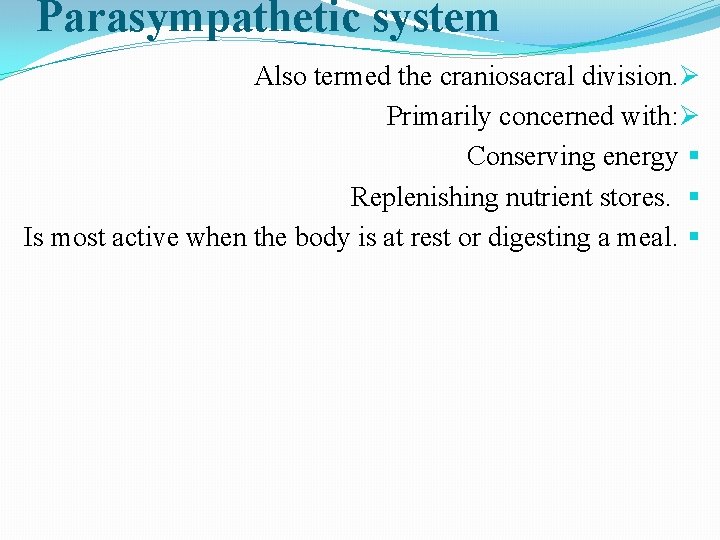 Parasympathetic system Also termed the craniosacral division. Ø Primarily concerned with: Ø Conserving energy