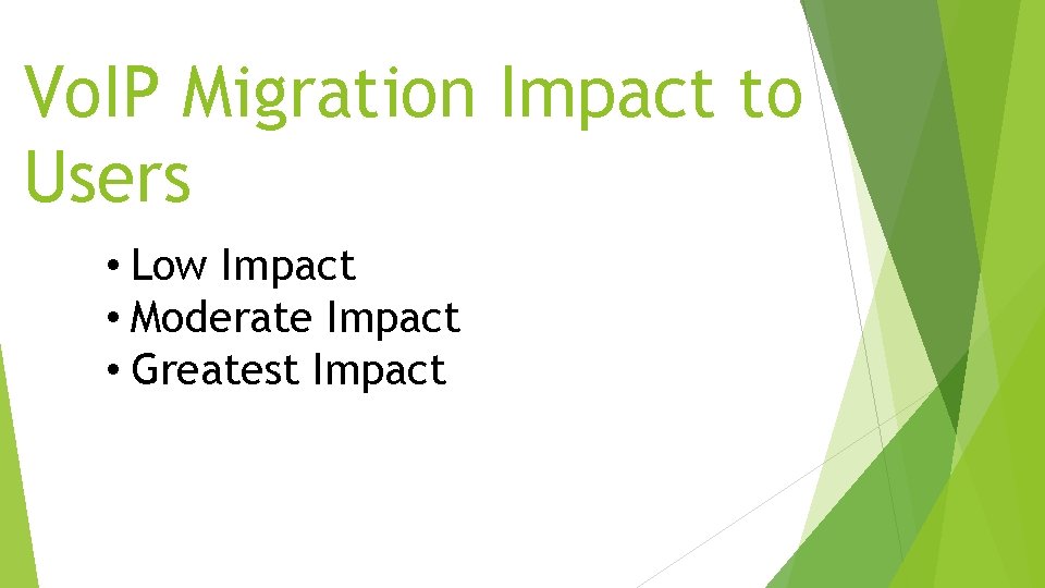 Vo. IP Migration Impact to Users • Low Impact • Moderate Impact • Greatest
