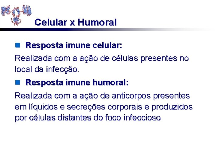 Celular x Humoral n Resposta imune celular: Realizada com a ação de células presentes