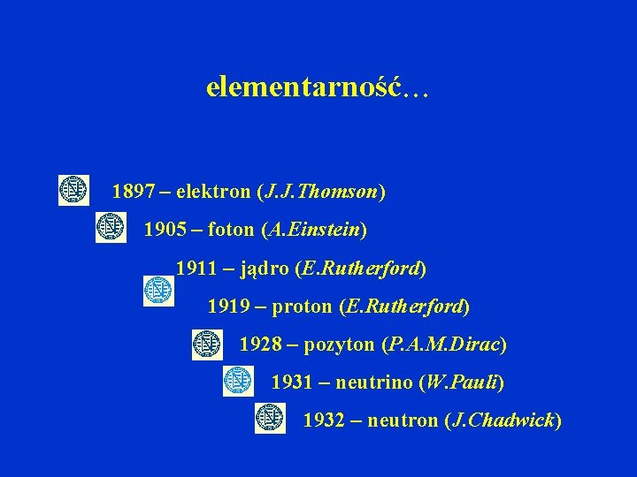 elementarność. . . 1897 – elektron (J. J. Thomson) 1905 – foton (A. Einstein)