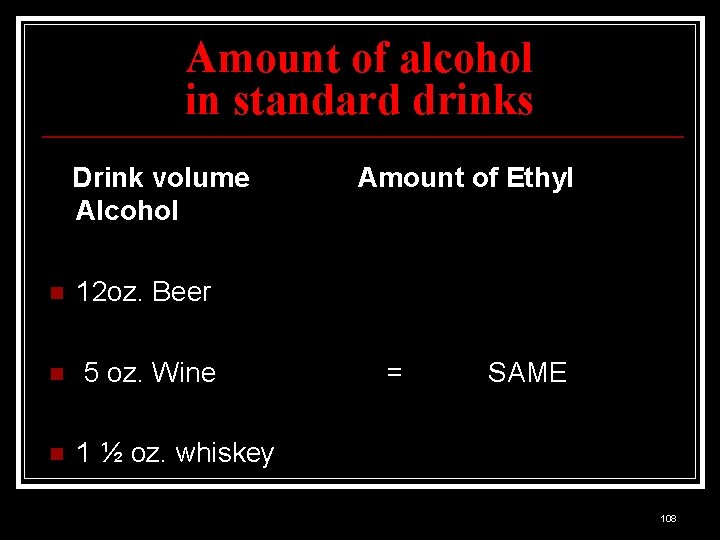 Amount of alcohol in standard drinks Drink volume Alcohol Amount of Ethyl 12 oz.