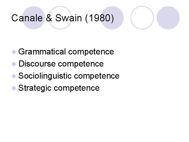 Canale & Swain (1980) l Grammatical competence l Discourse competence l Sociolinguistic competence l