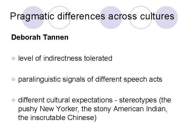 Pragmatic differences across cultures Deborah Tannen l level of indirectness tolerated l paralinguistic signals