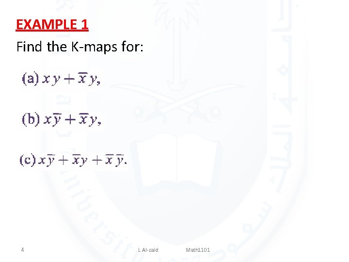 EXAMPLE 1 Find the K-maps for: 4 L Al-zaid Math 1101 