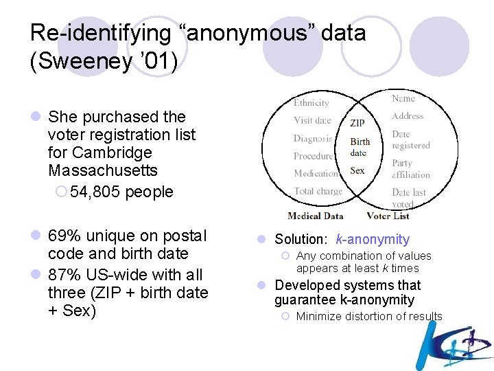 Re-identifying “anonymous” data (Sweeney ’ 01) l She purchased the voter registration list for