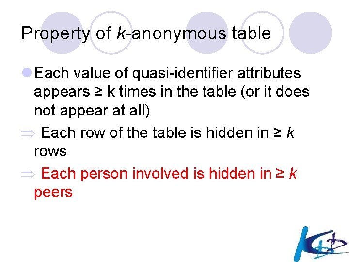 Property of k-anonymous table l Each value of quasi-identifier attributes appears ≥ k times