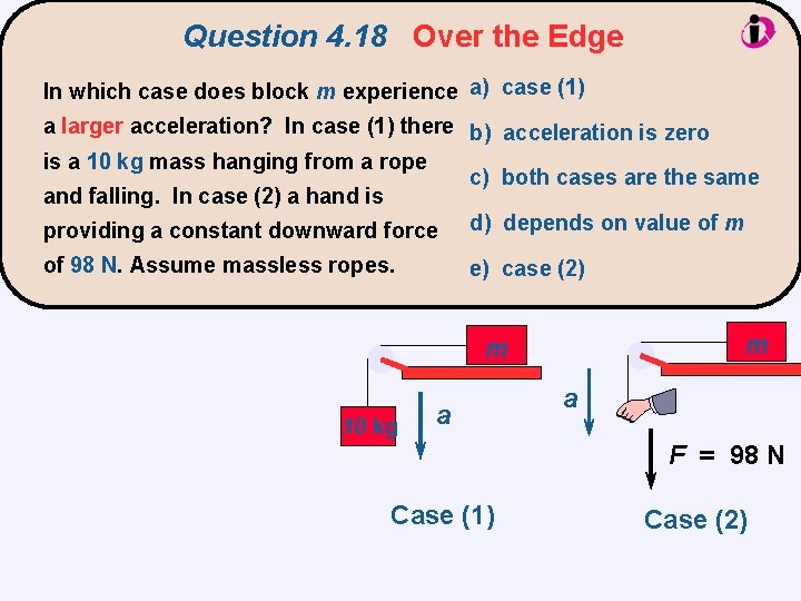 Question 4. 18 Over the Edge In which case does block m experience a)