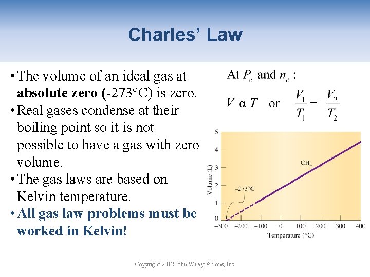 Charles’ Law • The volume of an ideal gas at absolute zero (-273°C) is