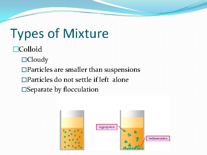 Types of Mixture �Colloid �Cloudy �Particles are smaller than suspensions �Particles do not settle