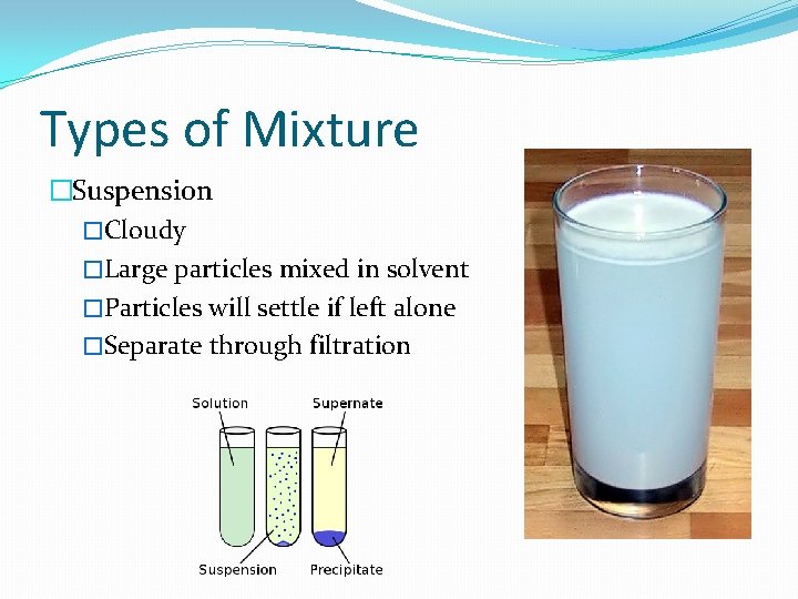 Types of Mixture �Suspension �Cloudy �Large particles mixed in solvent �Particles will settle if