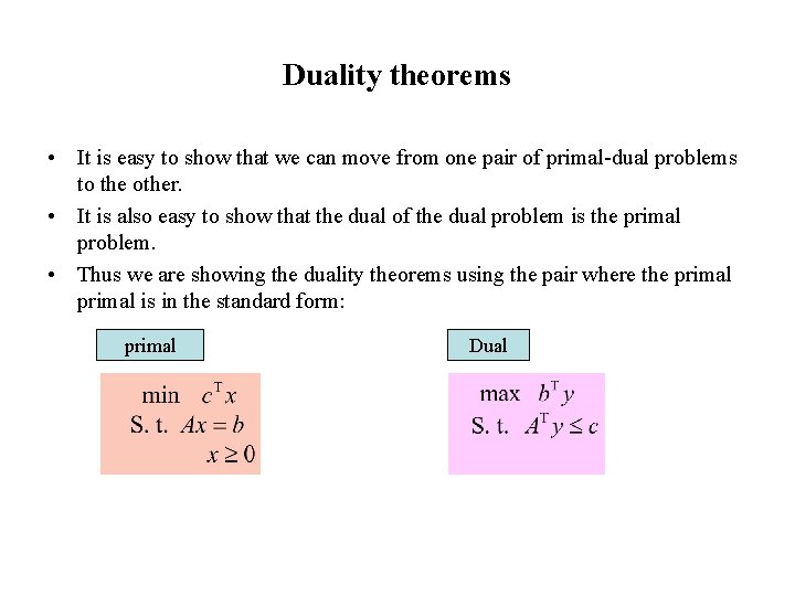 Duality theorems • It is easy to show that we can move from one