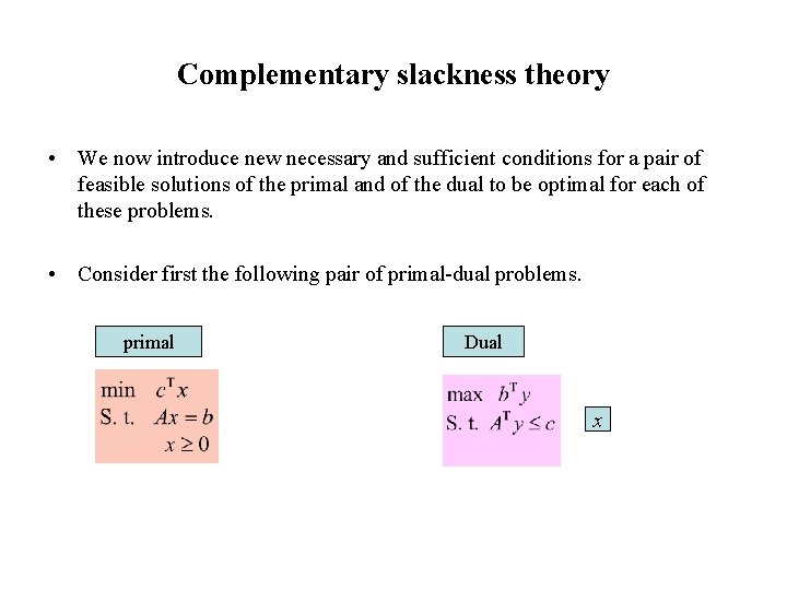 Complementary slackness theory • We now introduce new necessary and sufficient conditions for a