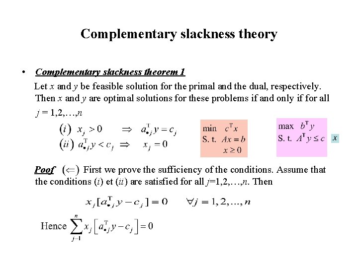 Complementary slackness theory • Complementary slackness theorem 1 Let x and y be feasible