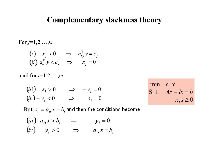 Complementary slackness theory For j=1, 2, …, n and for i=1, 2, …, m