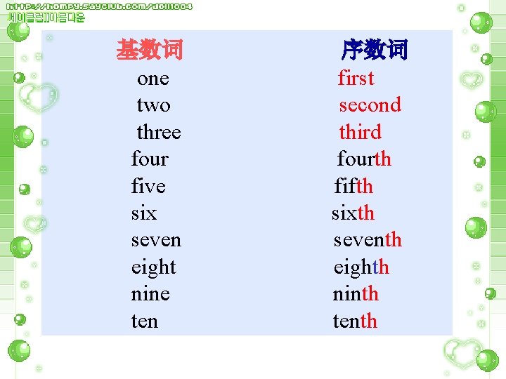 基数词 one two three four five six seven eight nine ten 序数词 first second