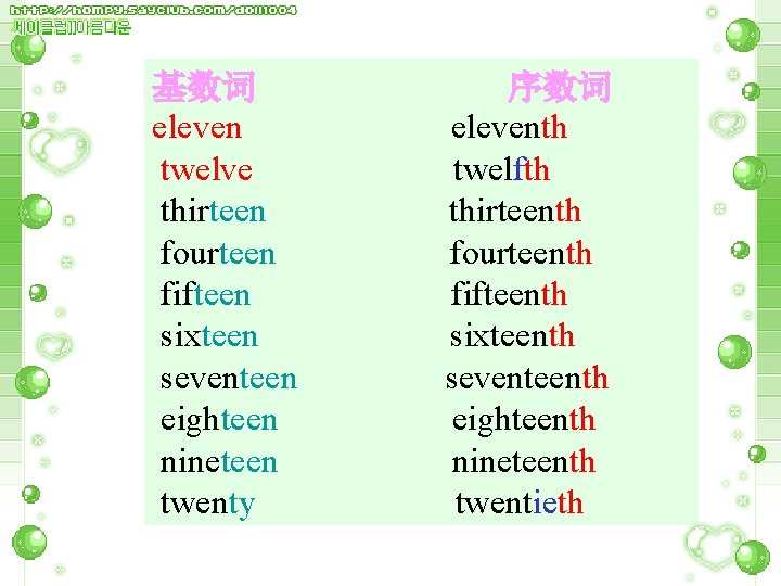 基数词 eleven twelve thirteen fourteen fifteen sixteen seventeen eighteen nineteen twenty 序数词 eleventh twelfth