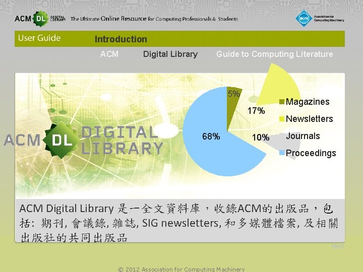 Introduction ACM Digital Library Guide to Computing Literature 5% 17% 68% 10% Magazines Newsletters