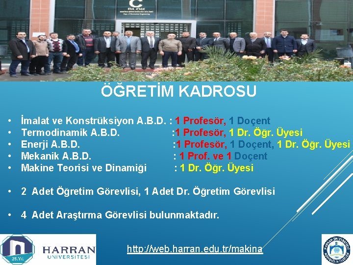 ÖĞRETİM KADROSU • • • İmalat ve Konstrüksiyon A. B. D. : 1 Profesör,