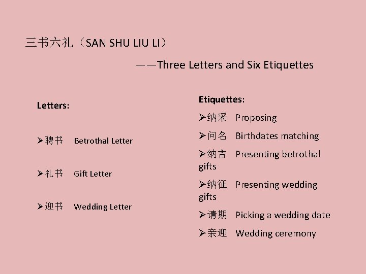 三书六礼（SAN SHU LI） ——Three Letters and Six Etiquettes: Letters: Ø聘书 Ø纳采 Proposing Betrothal Letter