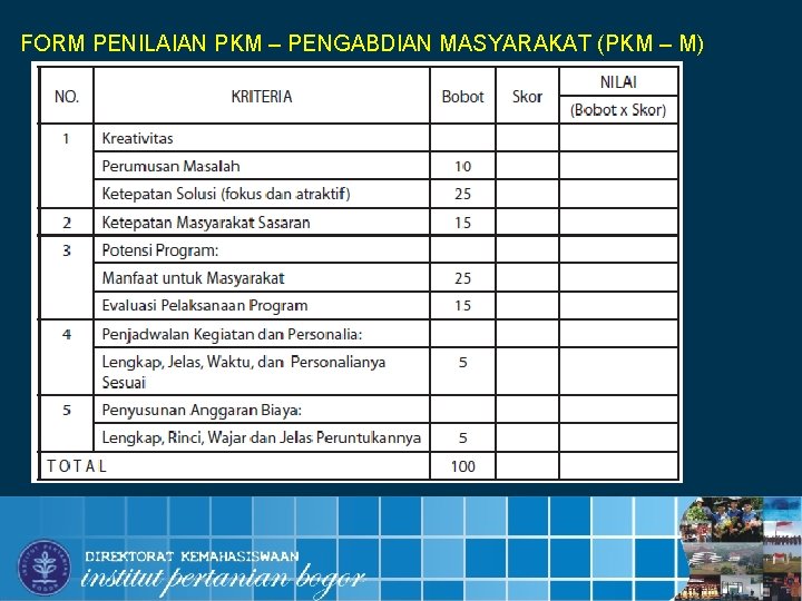 FORM PENILAIAN PKM – PENGABDIAN MASYARAKAT (PKM – M) INSTITUT PERTANIAN BOGOR 15 