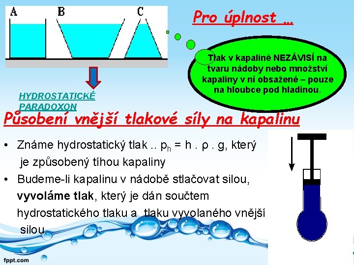 Pro úplnost … HYDROSTATICKÉ PARADOXON Tlak v kapalině NEZÁVISÍ na tvaru nádoby nebo množství