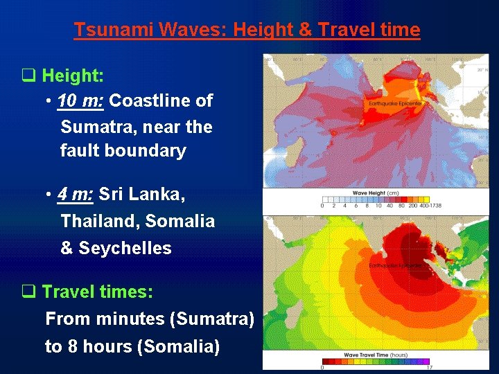 Tsunami Waves: Height & Travel time q Height: • 10 m: Coastline of Sumatra,