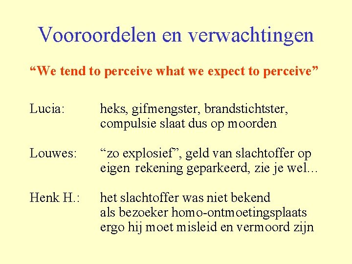 Vooroordelen en verwachtingen “We tend to perceive what we expect to perceive” Lucia: heks,