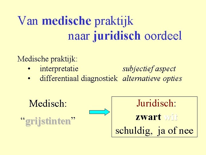 Van medische praktijk naar juridisch oordeel Medische praktijk: • interpretatie subjectief aspect • differentiaal