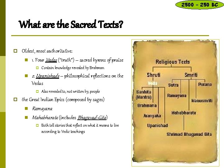 2500 – 250 BC What are the Sacred Texts? p Oldest, most authoritative: n